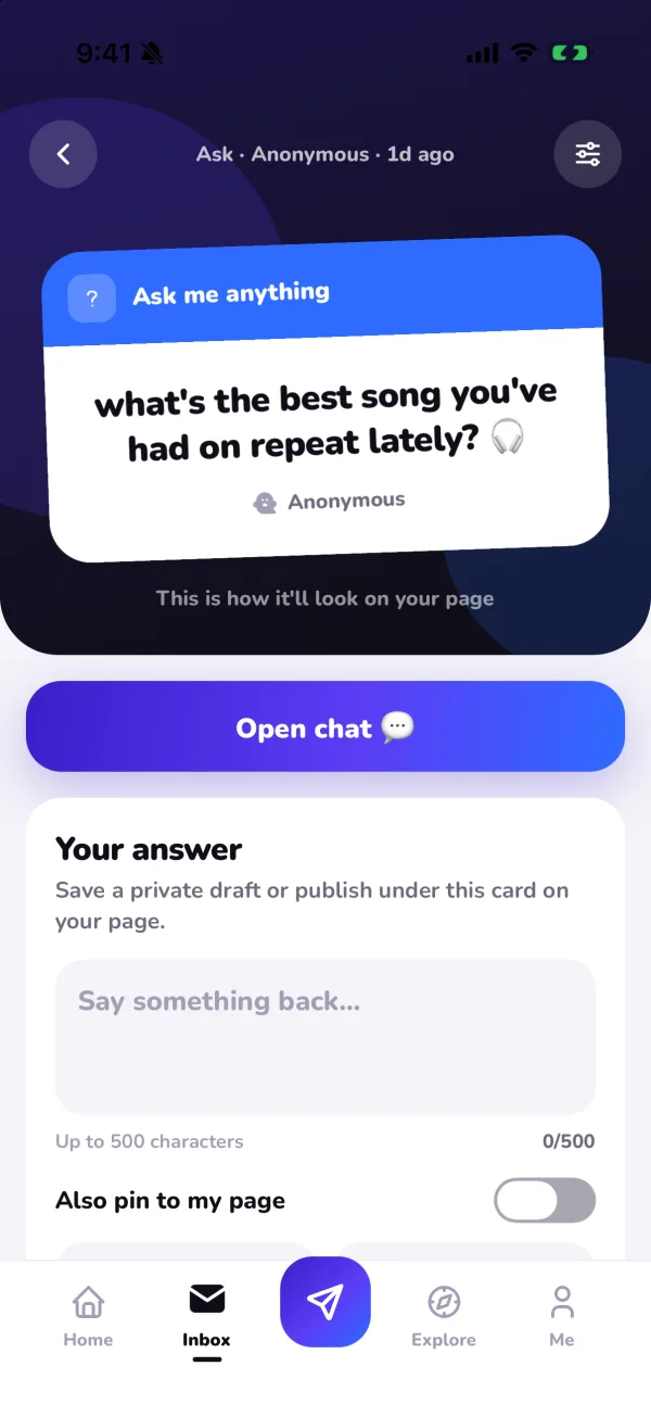 Opening a voluntary reveal chat from an anonymous message in MirrorBox
