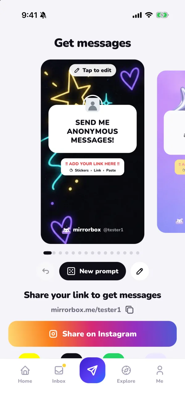 The MirrorBox "Get messages" screen with a "send me anonymous messages!" story design and a Share on Instagram button