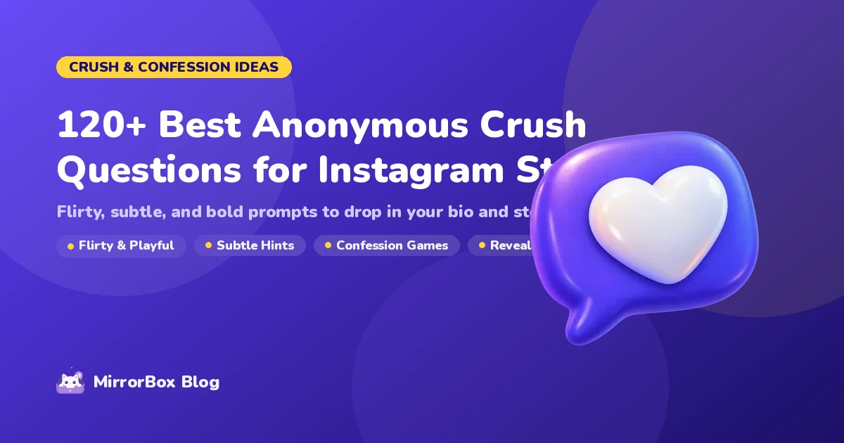 120+ Best Anonymous Crush Questions for Instagram Stories guide cover with flirty heart stickers and prompt cards