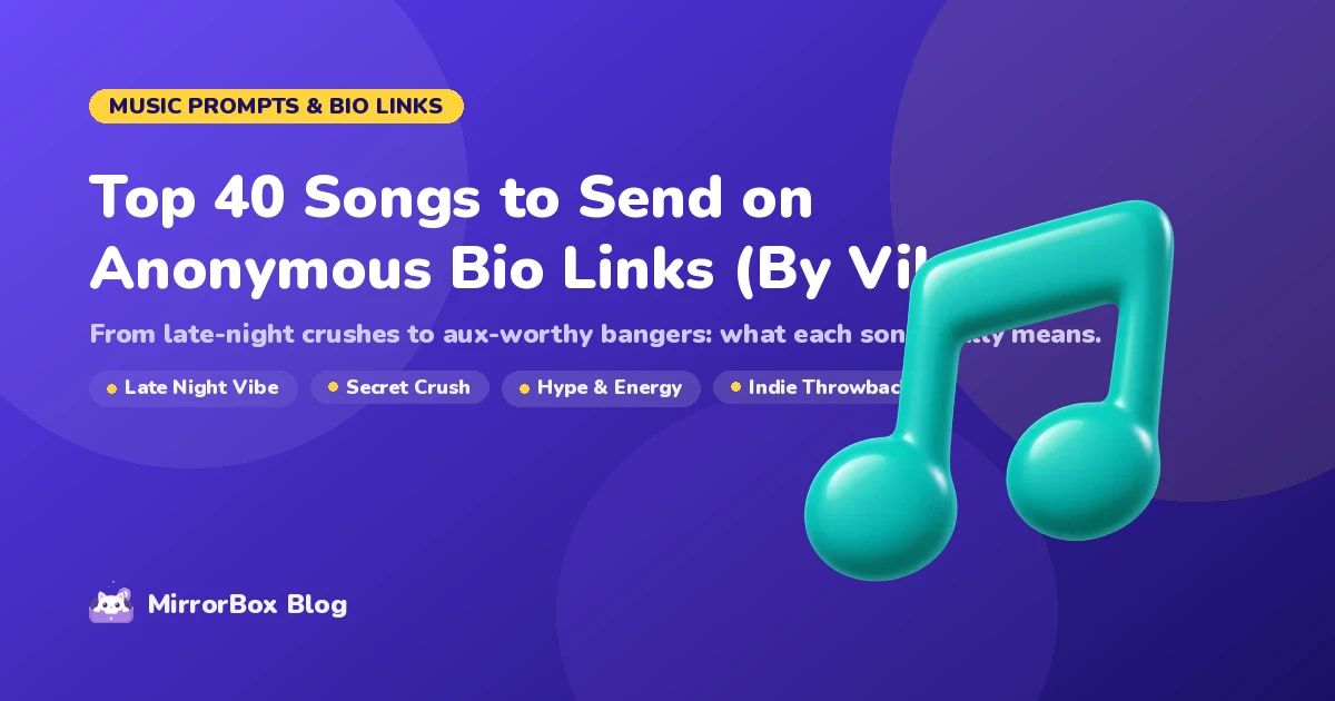 Top 40 songs to send on anonymous bio links guide cover with music notes and playlist cards
